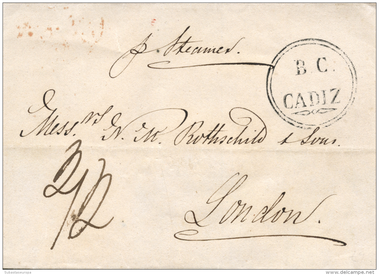 D.P. 26. Cádiz. 1846. Envuelta Circulada A Londres. Marca Circular "B.C./CÁDIZ" (P.E. 78). Muy Rara Y... - ...-1850 Prephilately