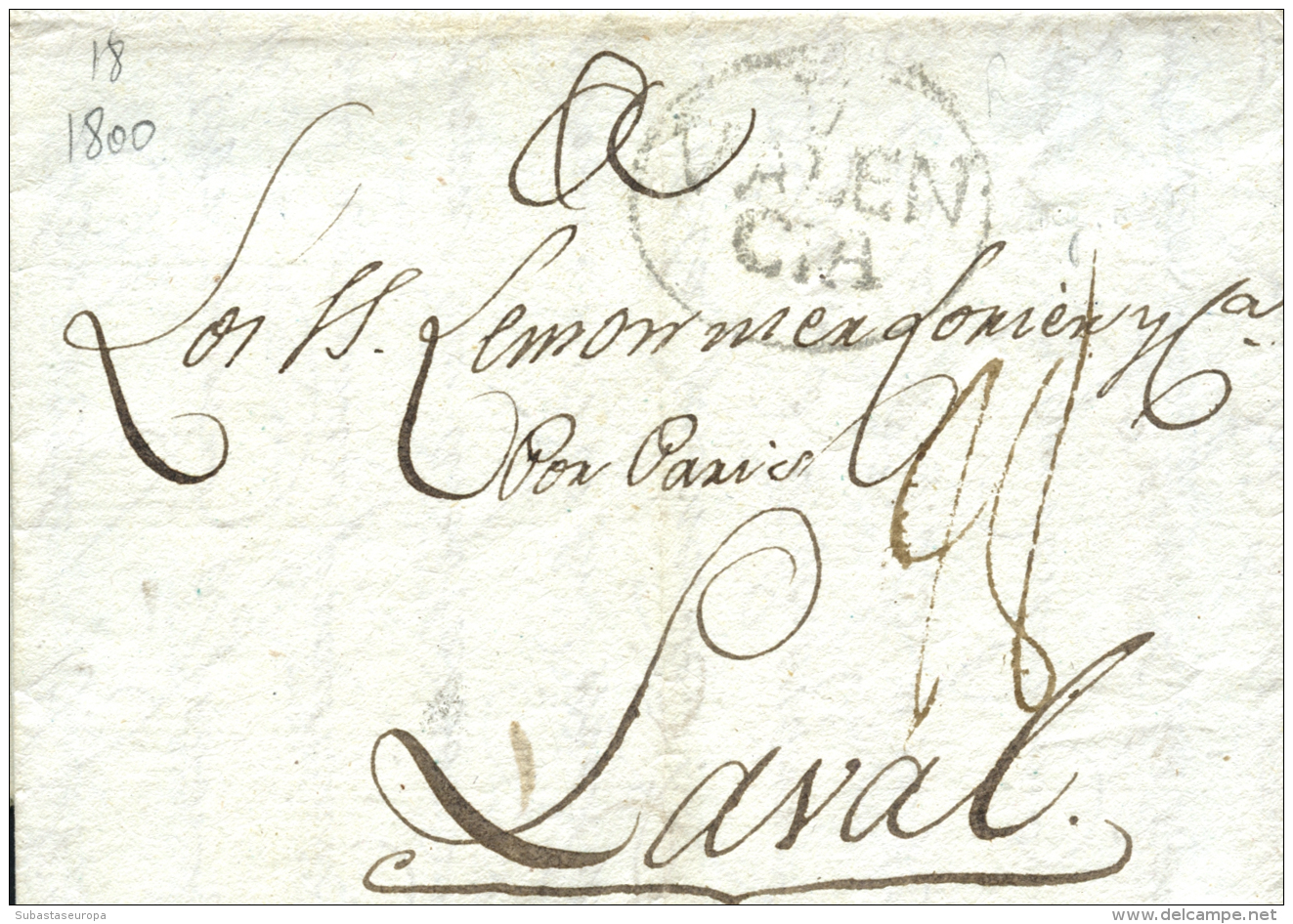 D.P. 19. 1800. Carta De Valencia A Laval (Francia). Marca "V/VALEN/CIA" En Negro (P.E. 18). - ...-1850 Prephilately