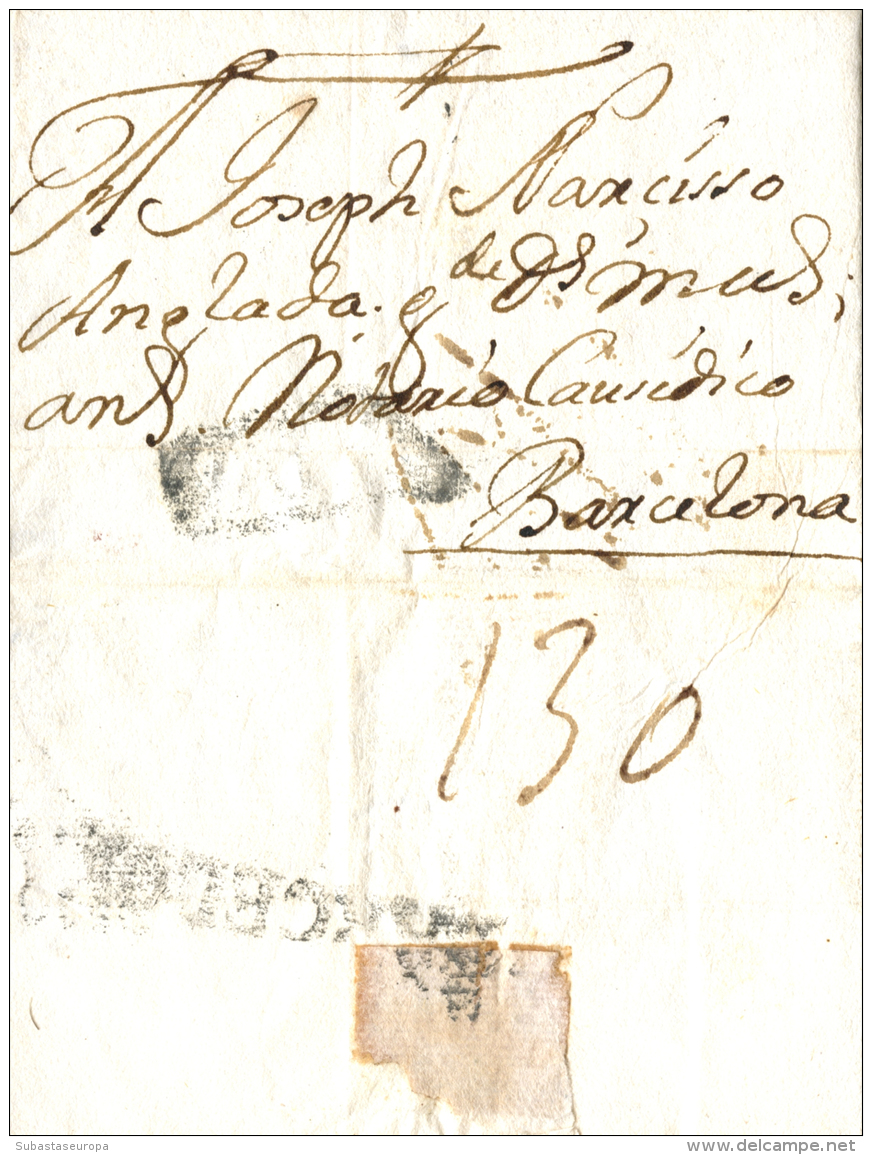 D.P. 19. Valencia. 1737. Carta A Barcelona. Marca "VALEN" (P.E. 5). Rarísima Y Al Dorso Muy Rara Marca... - ...-1850 Prephilately