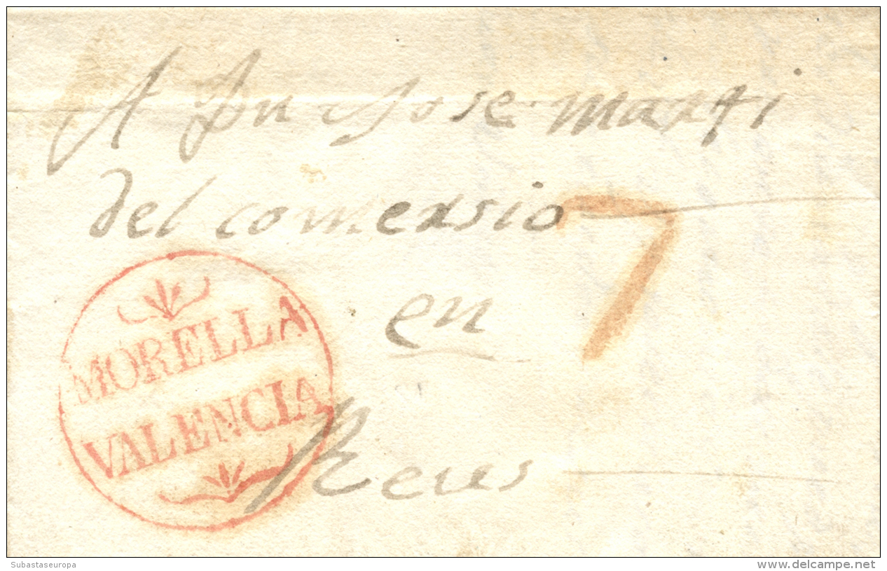 D.P. 19. 1842. Carta De Forcall A Reus. Marca Circular "MORELLA / VALENCIA" (P.E. 4) En Rojo. Lujo.... - ...-1850 Prephilately