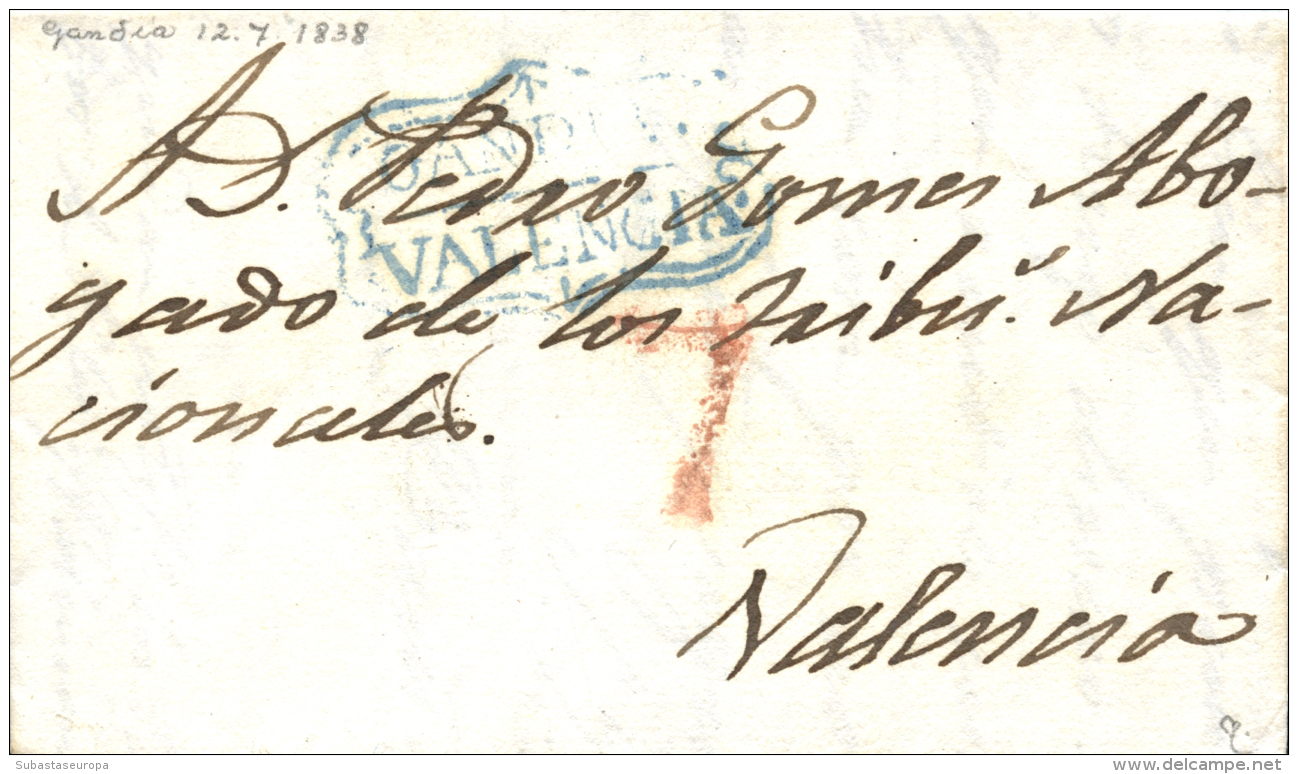 D.P. 19. Gandía. 1838. Carta A Valencia. Marca "GANDIA/VALENCIA" (P.E. 5) En Color Azul. Rara. - ...-1850 Prephilately