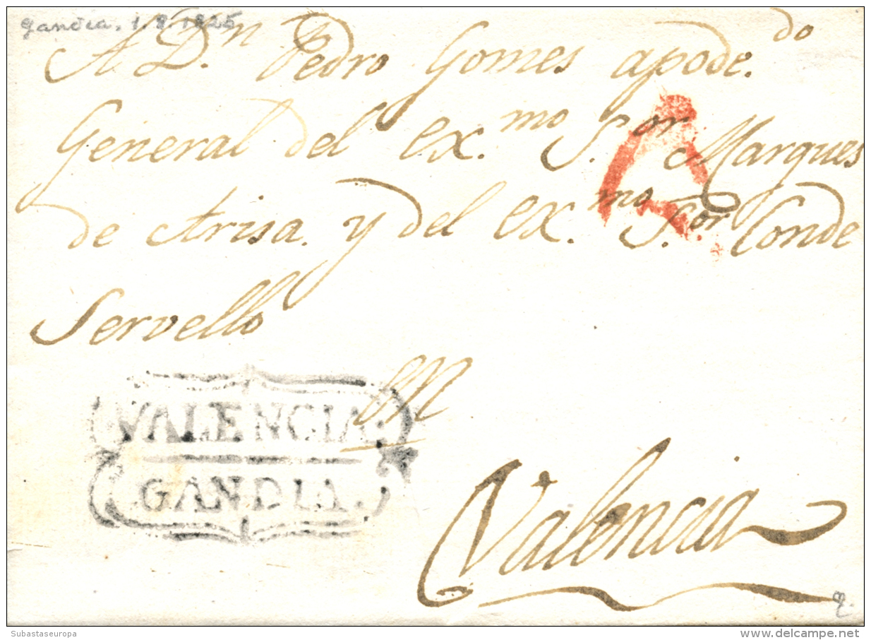 D.P. 19. Gandía. 1825. Carta A Valencia. Marca "VALENCIA/GANDIA" (P.E. 4). Lujo. - ...-1850 Prephilately