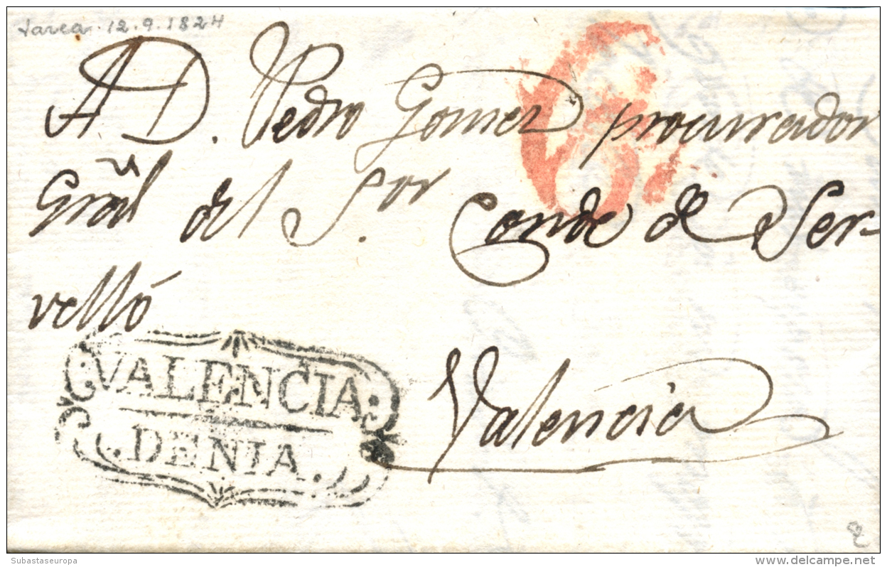 D.P. 19. Denia. 1824. Carta De Jávega A Valencia. Marca "VALENCIA/DENIA" (P.E. 6). Lujo. - ...-1850 Prephilately