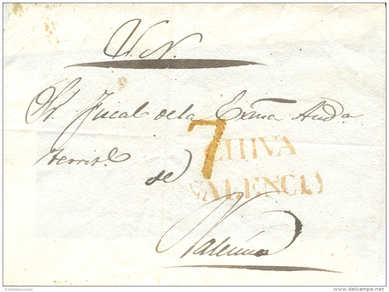 D.P. 19. Frontal Sin Fechar, Circulado De Chiva A Valencia. Marca "CHIVA/VALENCIA" En Rojo, P.E. 3.... - ...-1850 Prephilately