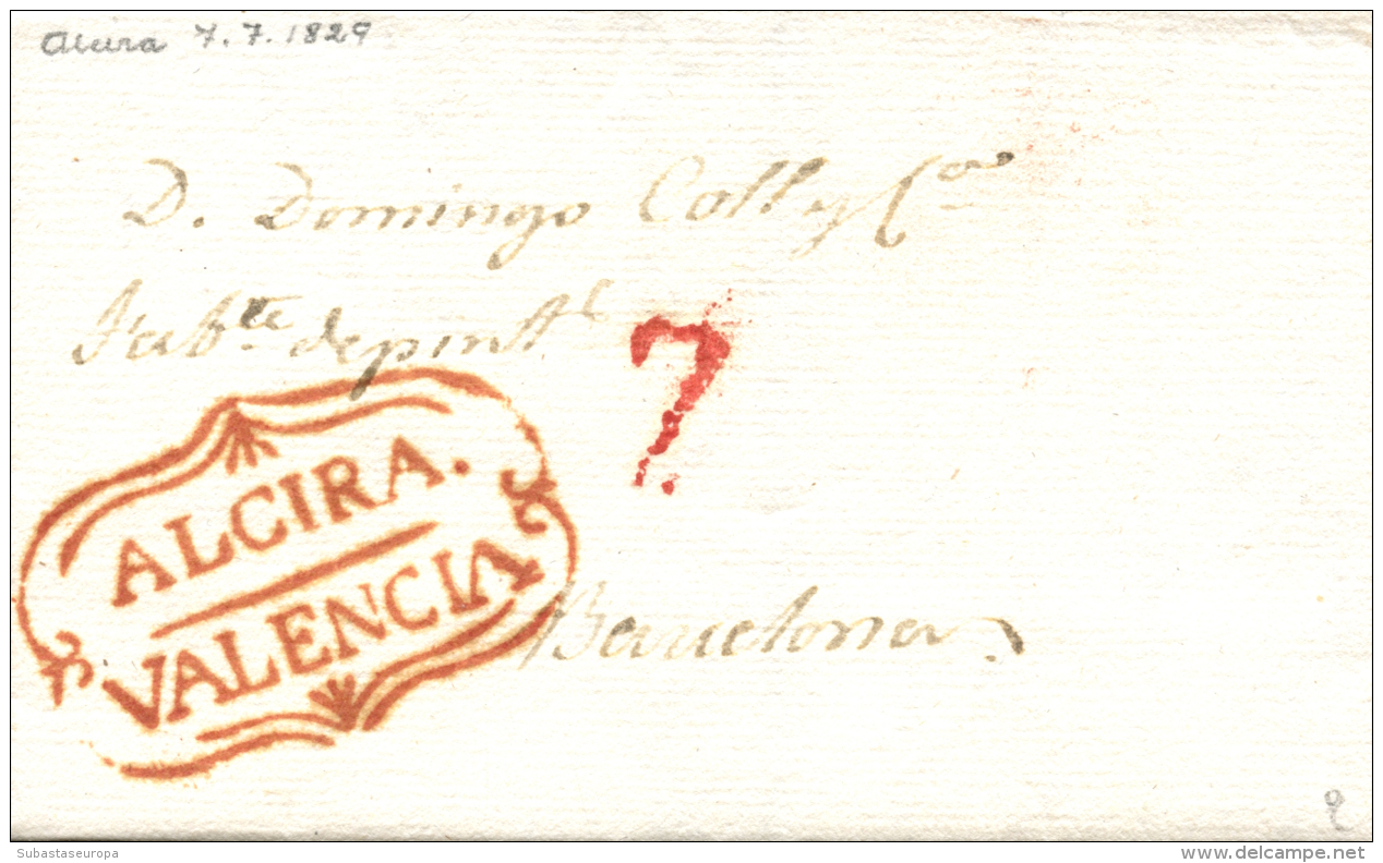 D.P. 19. Alcira. 1829. Carta Circulada A Barcelona. Marca "Alcira/Valencia" (P.E. 3) En Negro. Excepcional Calidad. - ...-1850 Prephilately