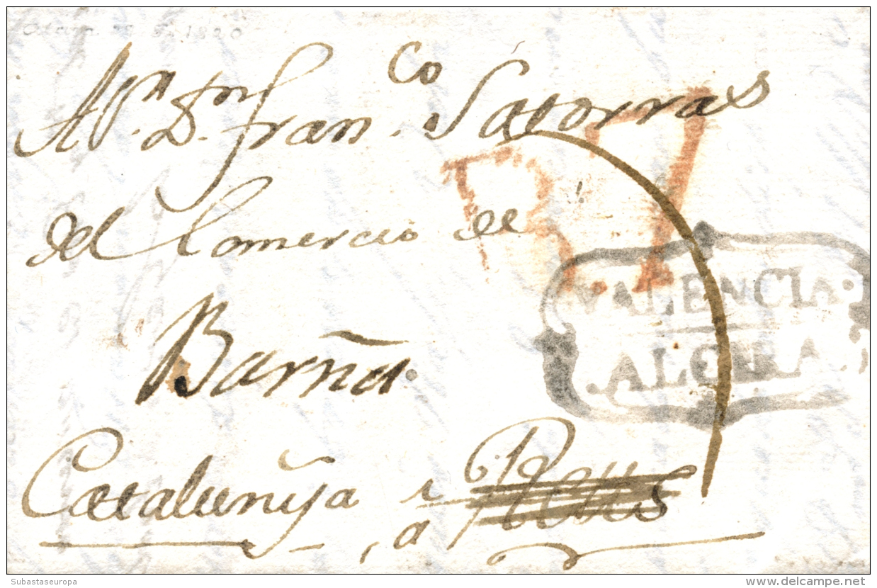 D.P. 19. Alcira. 1820. Carta A Barcelona. Marca "Valencia/Alcira" En Negro (P.E. 2). Preciosa. - ...-1850 Prephilately