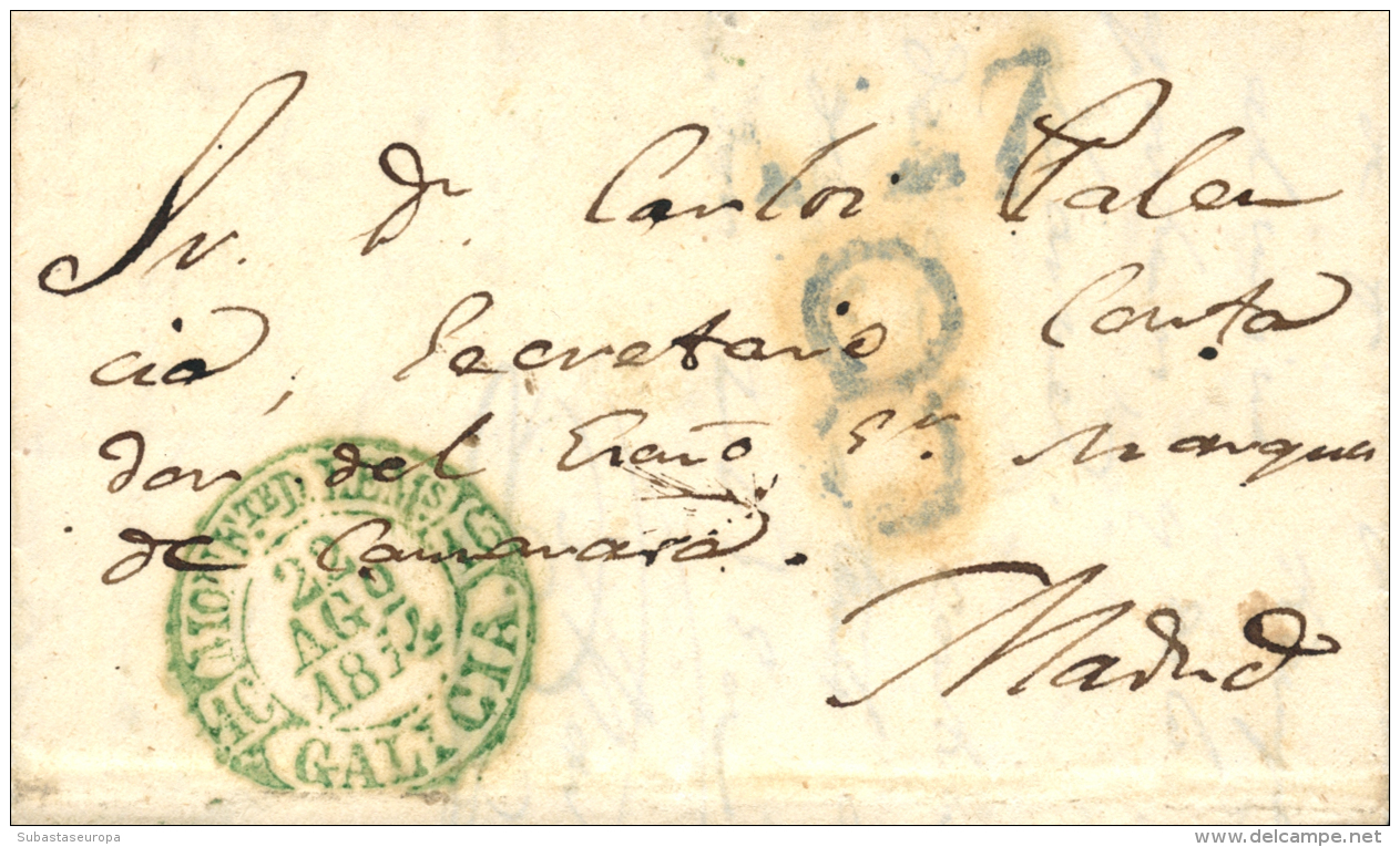 D.P. 16. 1844. Monforte De Lemos. Carta A Madrid. Fechador Baeza En Color Verde (P.E. 8). Excepcional Calidad.... - ...-1850 Prephilately