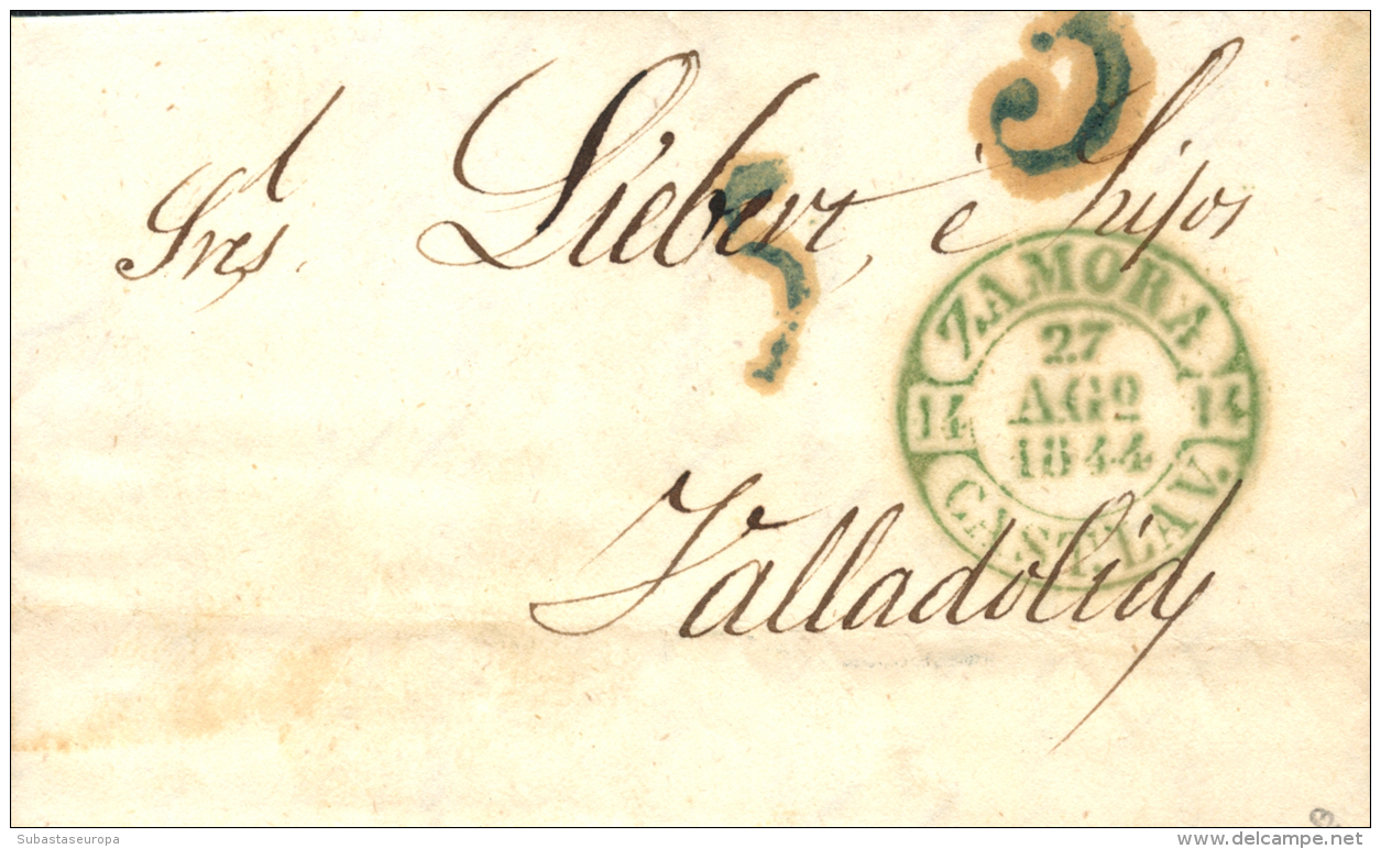 D.P. 14. 1844. Zamora. Carta A Valladolid. Fechador Baeza En Color Verde (P.E. 10). Excepcional Estampación. - ...-1850 Prephilately