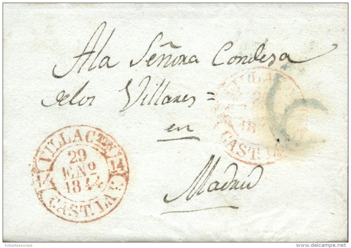 D.P. 14. 1844. Villacastin. Carta A Madrid. Fechador Baeza En Color Rojo (P.E. 6). Precioso. - ...-1850 Prephilately