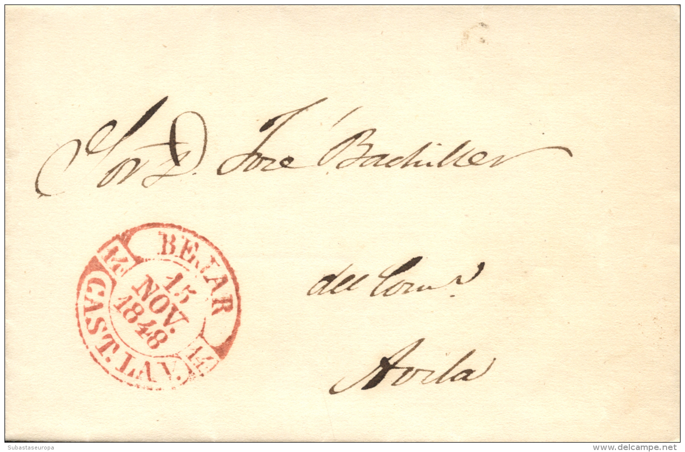 D.P. 14. 1848. Béjar. Carta A Ávila. Fechador Baeza En Rojo (P.E. 3). Estampación Excepcional. - ...-1850 Voorfilatelie