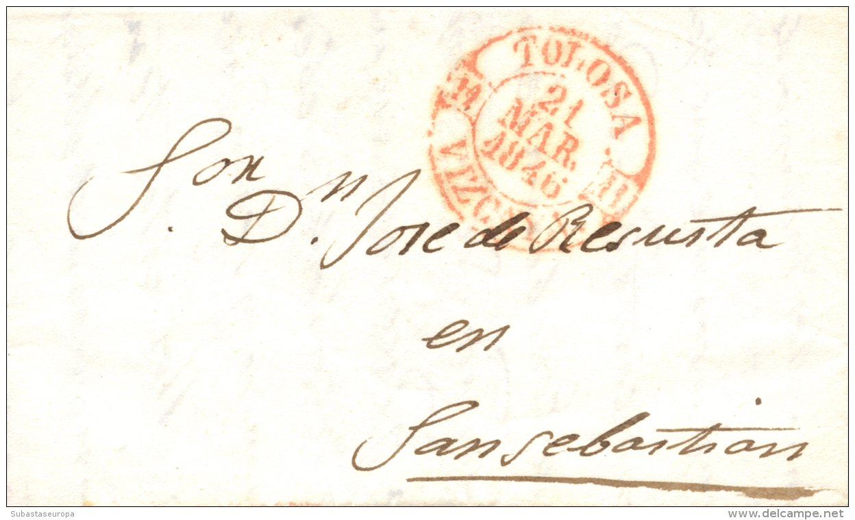 D.P. 11. 1846. Tolosa. Carta A San Sebastián. Fechador Baeza (P.E. 10) De Lujo. - ...-1850 Prephilately