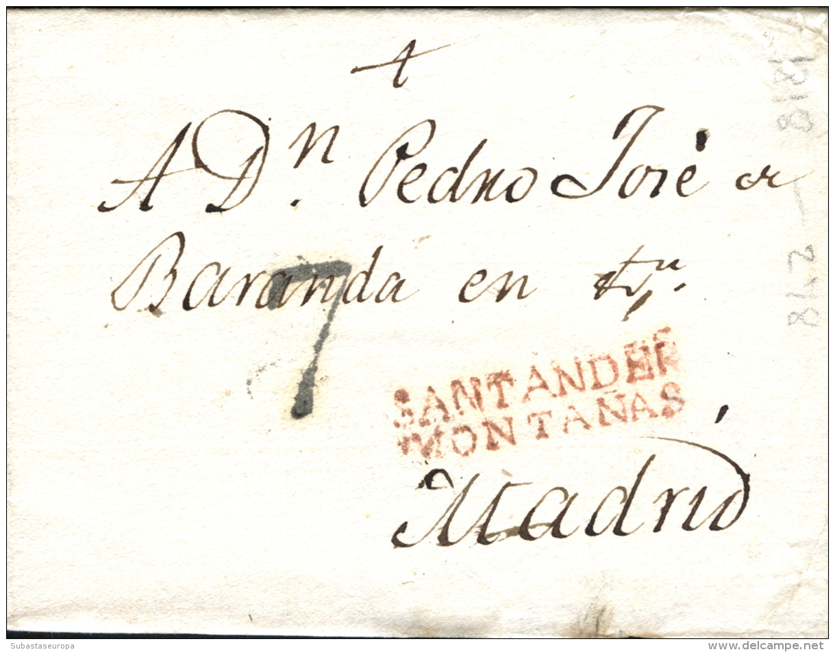 D.P. 9. Santander. 1818. Carta A Madrid. Marca "SANTANDER/ MONTAÑAS" (PE 9). Porteo "7". Preciosa. - ...-1850 Prephilately