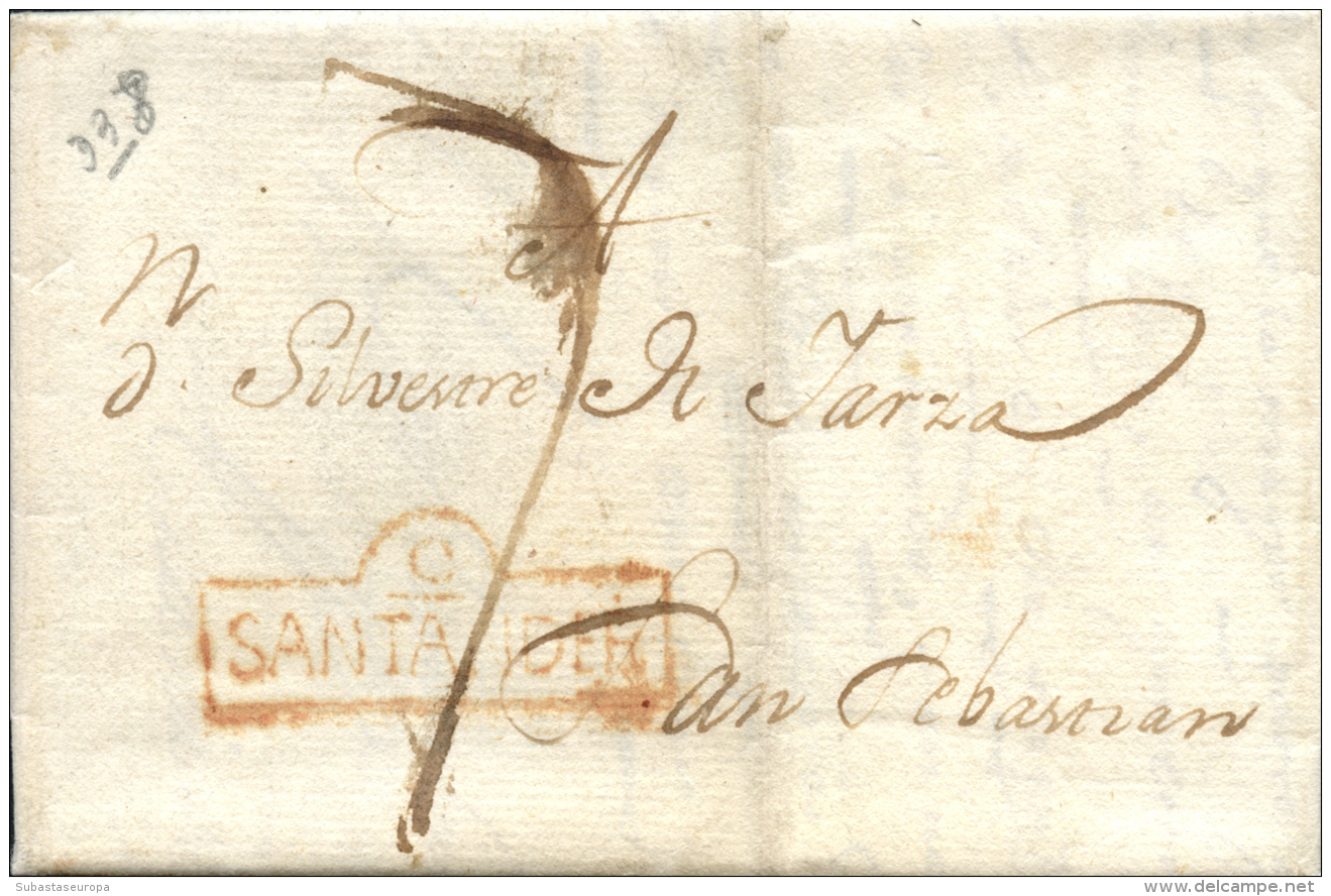 D.P. 9. Santander. 1792. Carta A San Sebastián. Marca "C/ SANTANDER"  (PE 6) En Color Rojo. Porteo Mns. "7".... - ...-1850 Prephilately