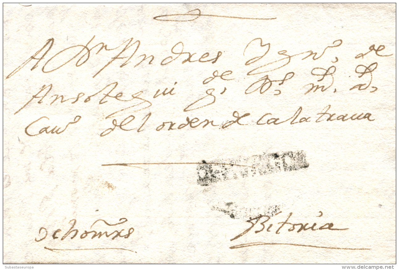 D.P. 7. Burgos. 1728. Carta Circulada A Vitoria. Marca "DE BURGOS" (P.E. 1). Manuscrito "8mrs". Rarísima. - ...-1850 Prephilately