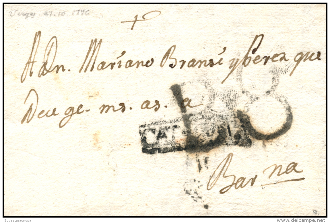 D.P. 5. 1776. Carta De Verges (Girona) A Barcelona. Marca De La Bisbal "CATALVÑA" En Recuadro (P.E. 2).... - ...-1850 Prephilately