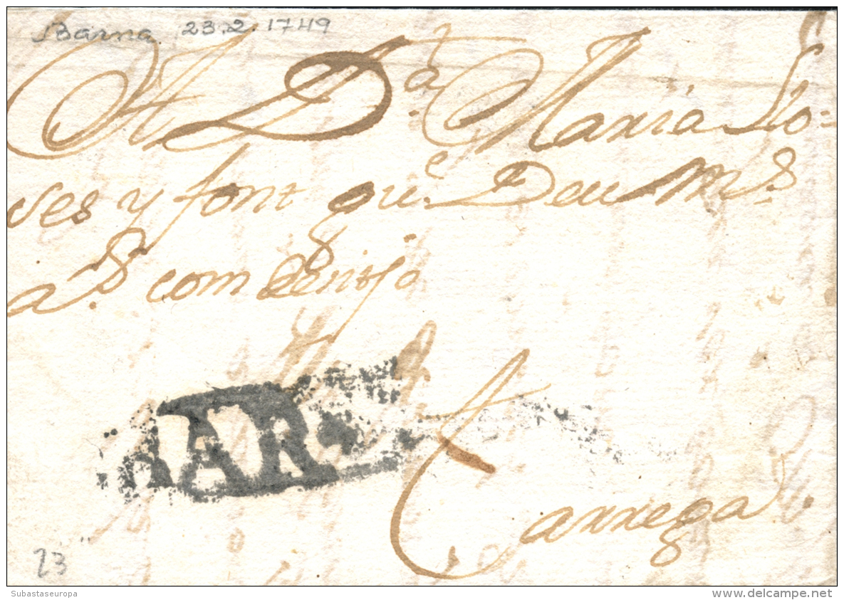 D.P. 5. Barcelona. 1749. Carta Circulada A Tàrrega. Marca "Barna" (P.E. 23). Muy Rara. - ...-1850 Prephilately