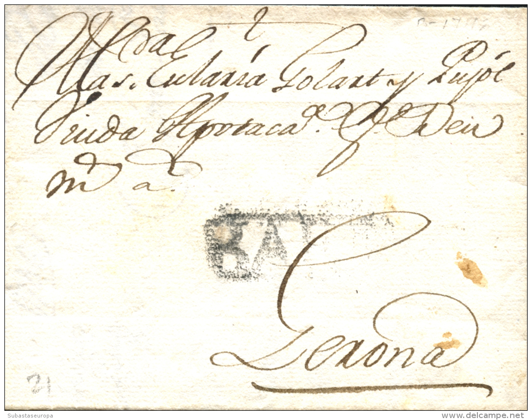 D.P. 5. 1745. Carta De Barcelona A Girona. Marca "BARNA" En Negro (P.E. 21). Rara. - ...-1850 Prephilately