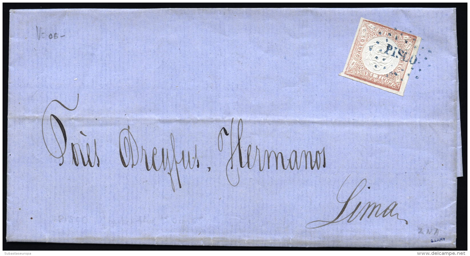 PERU. Ø 8 En Carta Completa Circulada A Lima, El 19/10/1865. Marca "PISCO" En Azul. Marquila Lamy. Llegada... - Peru