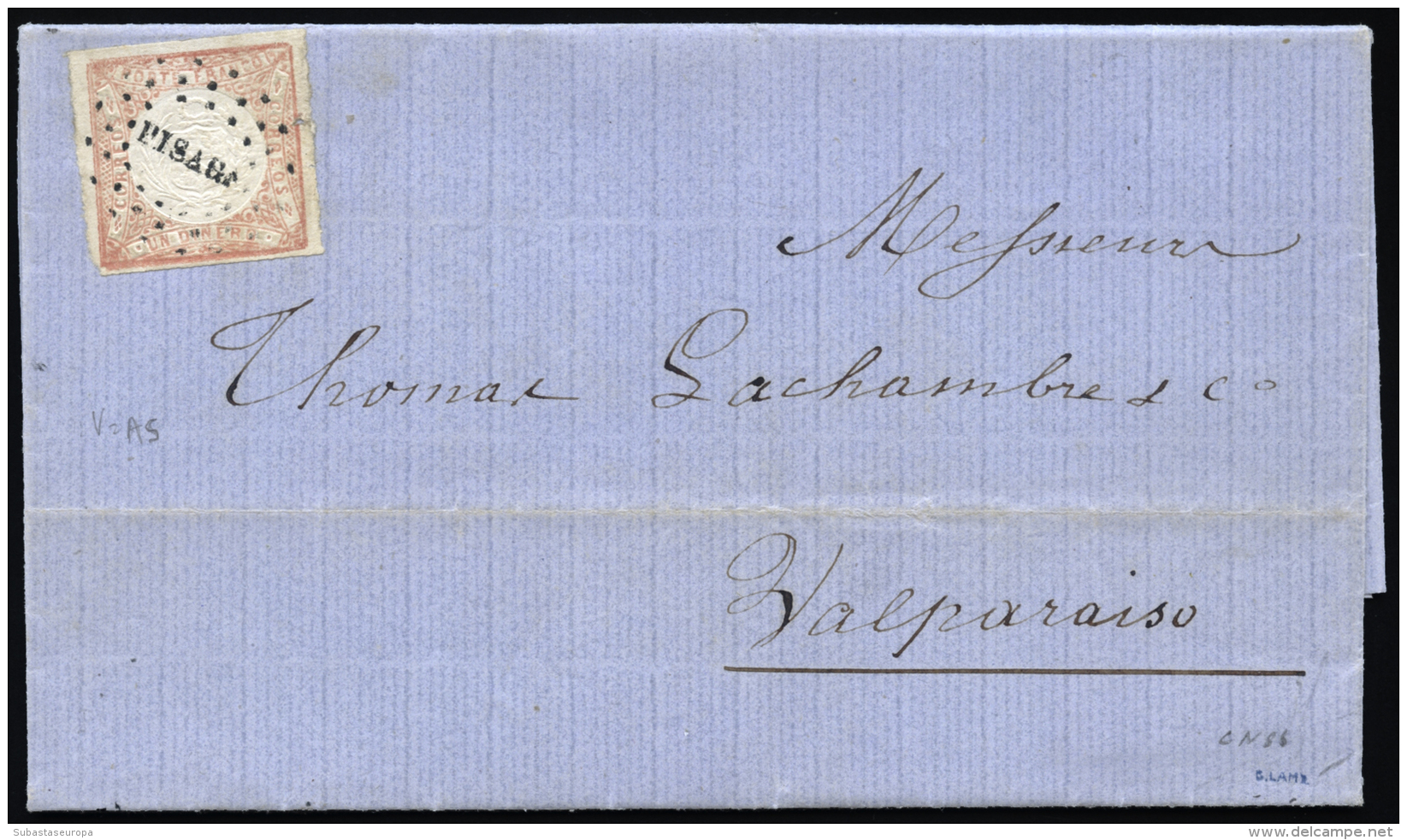 PERU. Ø 8 En Carta Completa Circulada A Valparaiso, El 16/3/1867. Marca "PISAGA". Marquilla Lamy. Muy Rara. - Peru