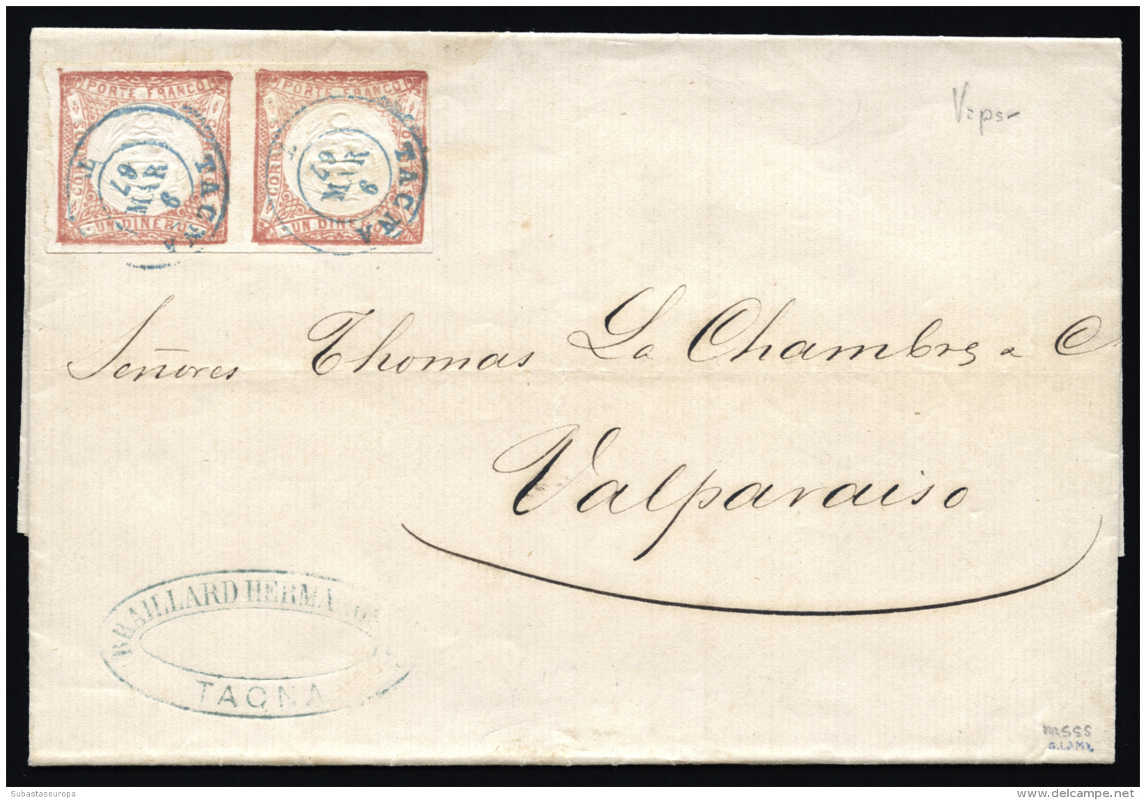 PERU. Ø 8(2) En Carta Completa Circulada A Valparaiso, El 8/3/1864. Mat. Fechador En Azul "TACMA". Marquilla... - Peru