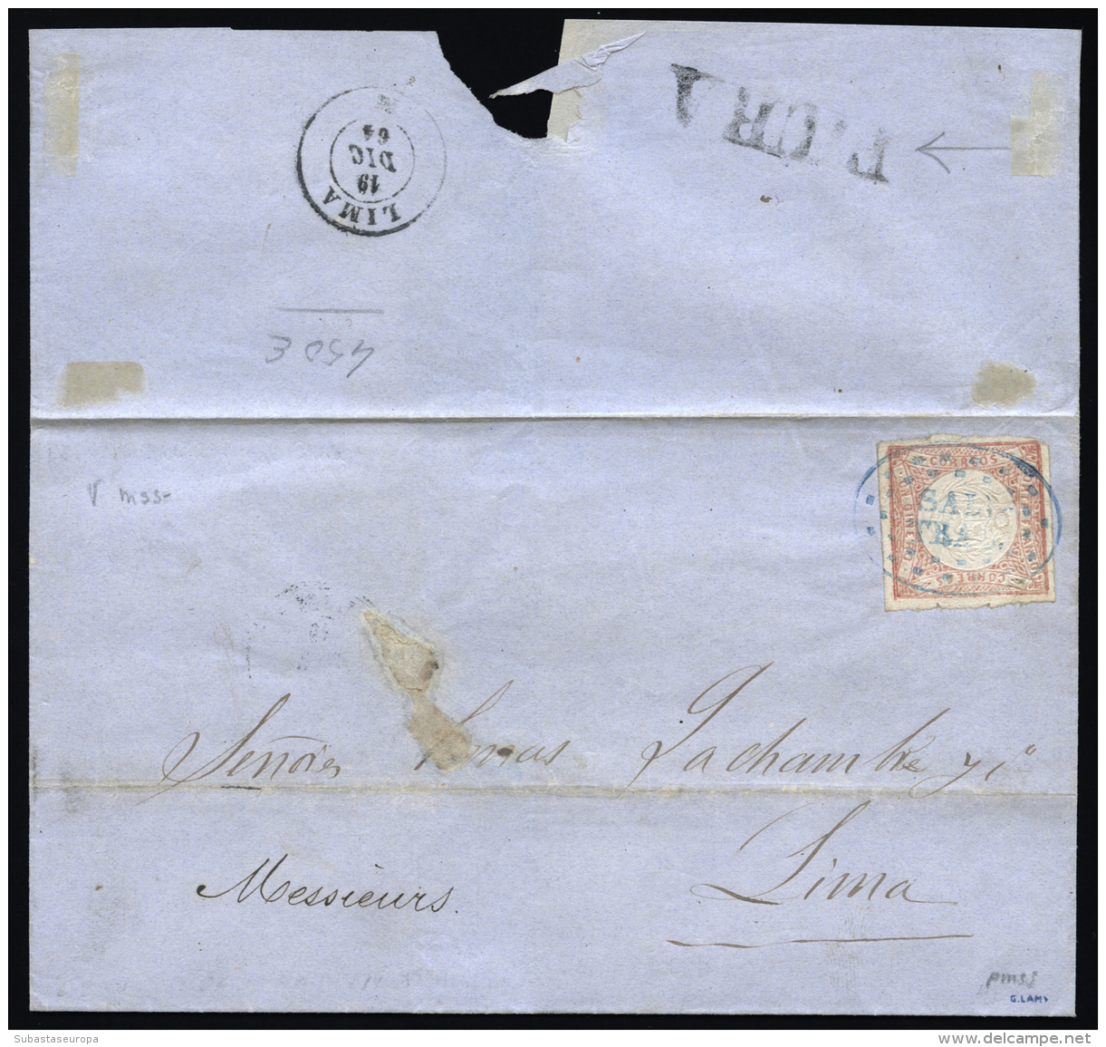 PERU. Ø 8 En Envuelta Circulada A Lima, El 11/12/1864. Mat. "SALI / TRAL" En Azul. Al Dorso Marca "FIURA" Y... - Peru