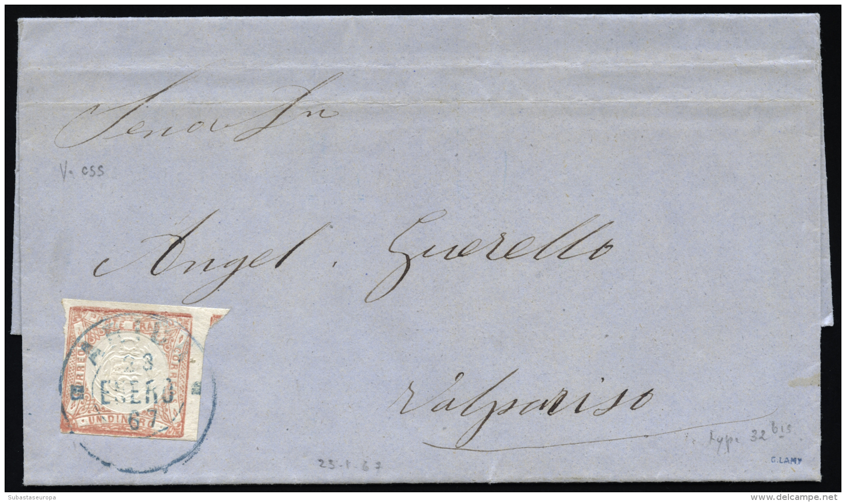 PERU. Ø 8 En Carta Completa Circulada A Valpariso, El 23/1/1867. Mat. Fechador En Azul "ARICA". Marquilla... - Peru