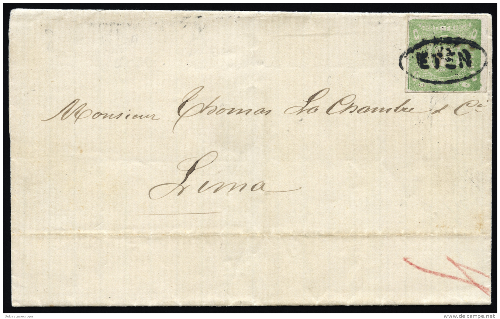 PERU. Ø 13 En Carta Completa Circulada A Lima, El 13/12/1870. Marca Lineal "EYEN". Llegada Al Dorso.... - Peru