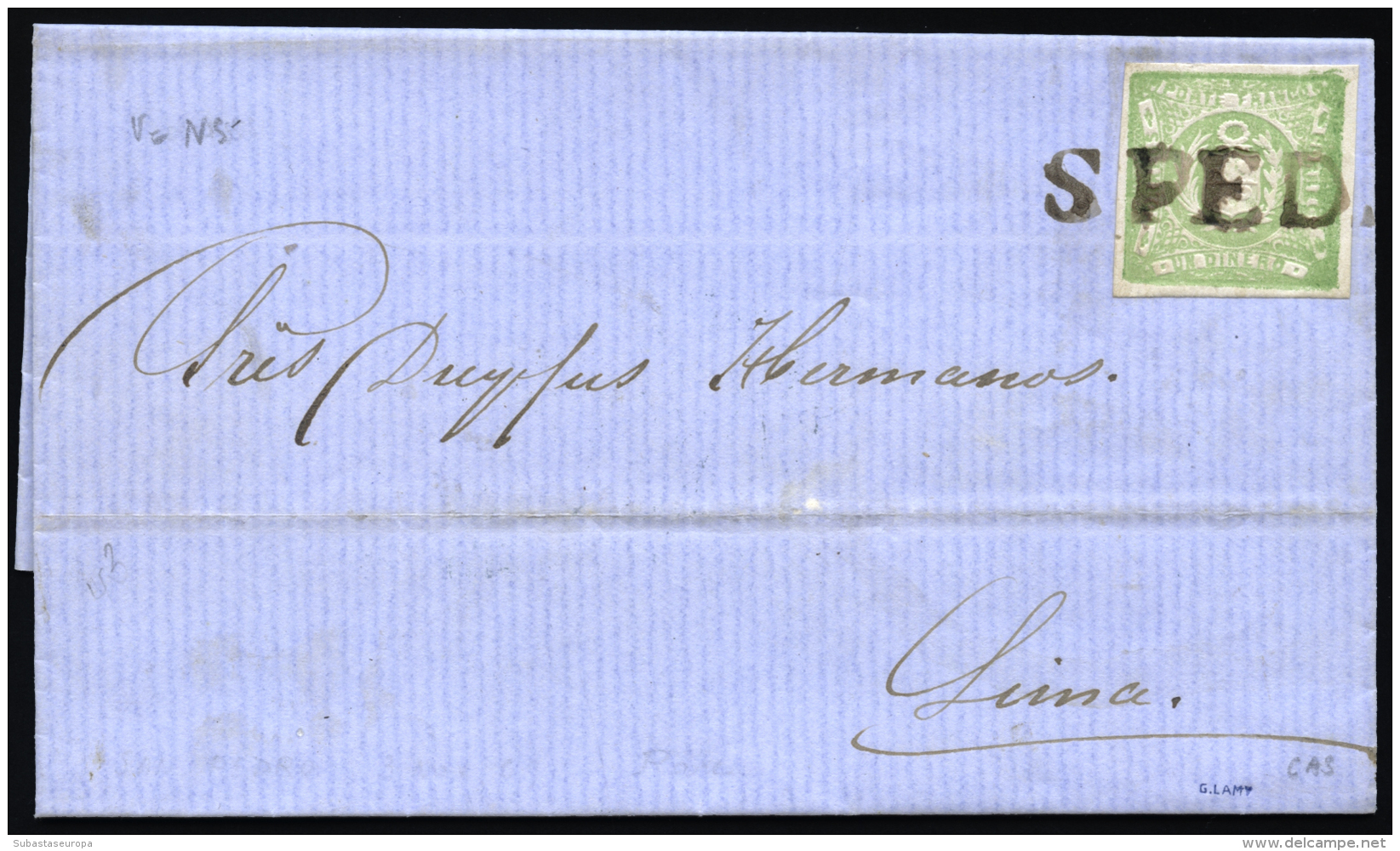 PERU. Ø 13 En Carta Completa Circulada A Lima, El 3/11/1869. Marca Lineal "SPED.". Al Dorso Llegada.... - Peru