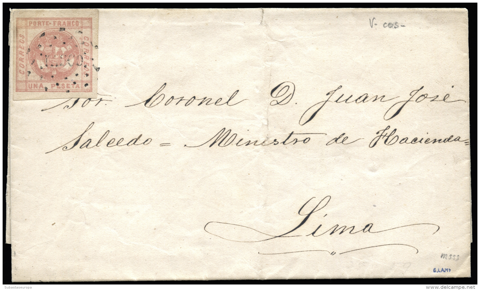 PERU. Ø 5 En Carta Completa Circulada A Lima, El 25/4/1859. Mat. "PASCO". Marquilla Lamy. Muy Rara. - Peru