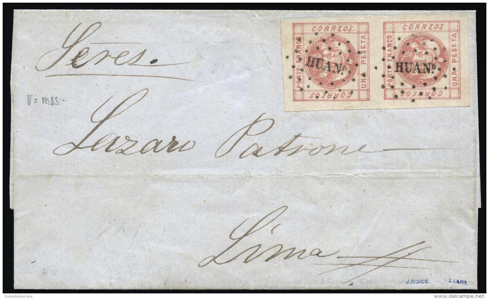 PERU. Ø 5(2) En Envuelta Circulada A Lima, El 14/4/1859. Mat. "HUAN&ordm;". Marquilla Lamy. Rarísima. - Peru