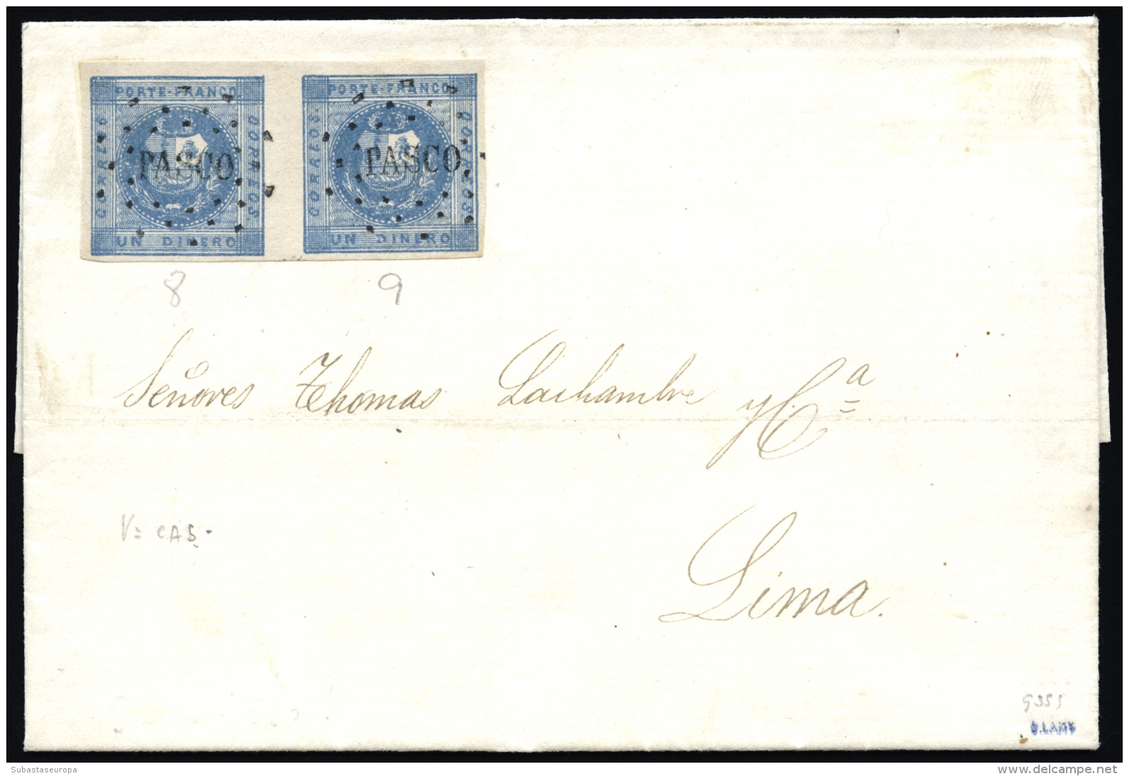 PERU. Ø 3(2) En Carta Completa Circulada A Lima El 9/1/1860. Mat. "PASCO". Marquilla Lamy. Rarísima. - Pérou