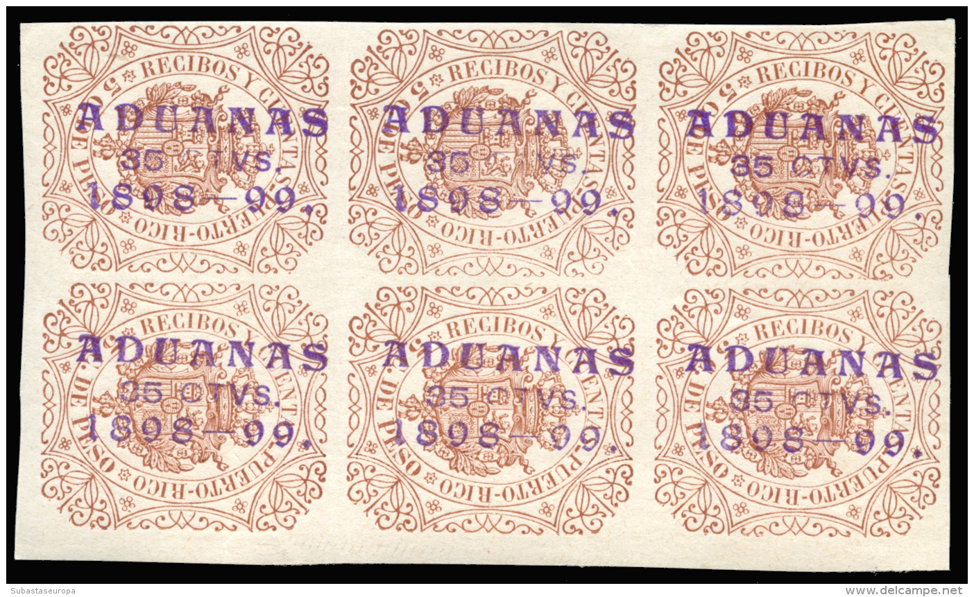 PUERTO RICO. Recibos Y Cuentas. 1898. Sobrecarga Manual "Aduanas". Bloque De 6. Raros. Nuevos. Peso= 15 Gramos. - Revenue Stamps