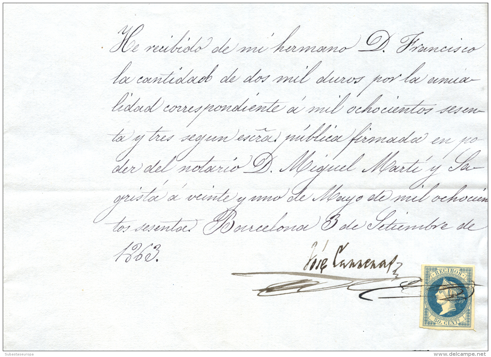 1863. Sello De Recibos Sobre Documento. Muy Bonito. Peso= 15 Gramos. - Revenue Stamps