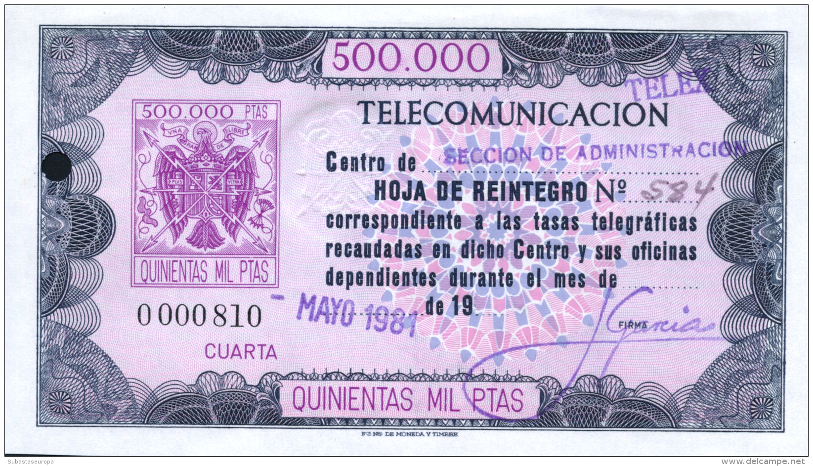 Reintegro Telegráfico. 500.000 Ptas. No Catalogado. Inutilizado Con Taladro. Escudo Marca De Agua.... - Revenue Stamps