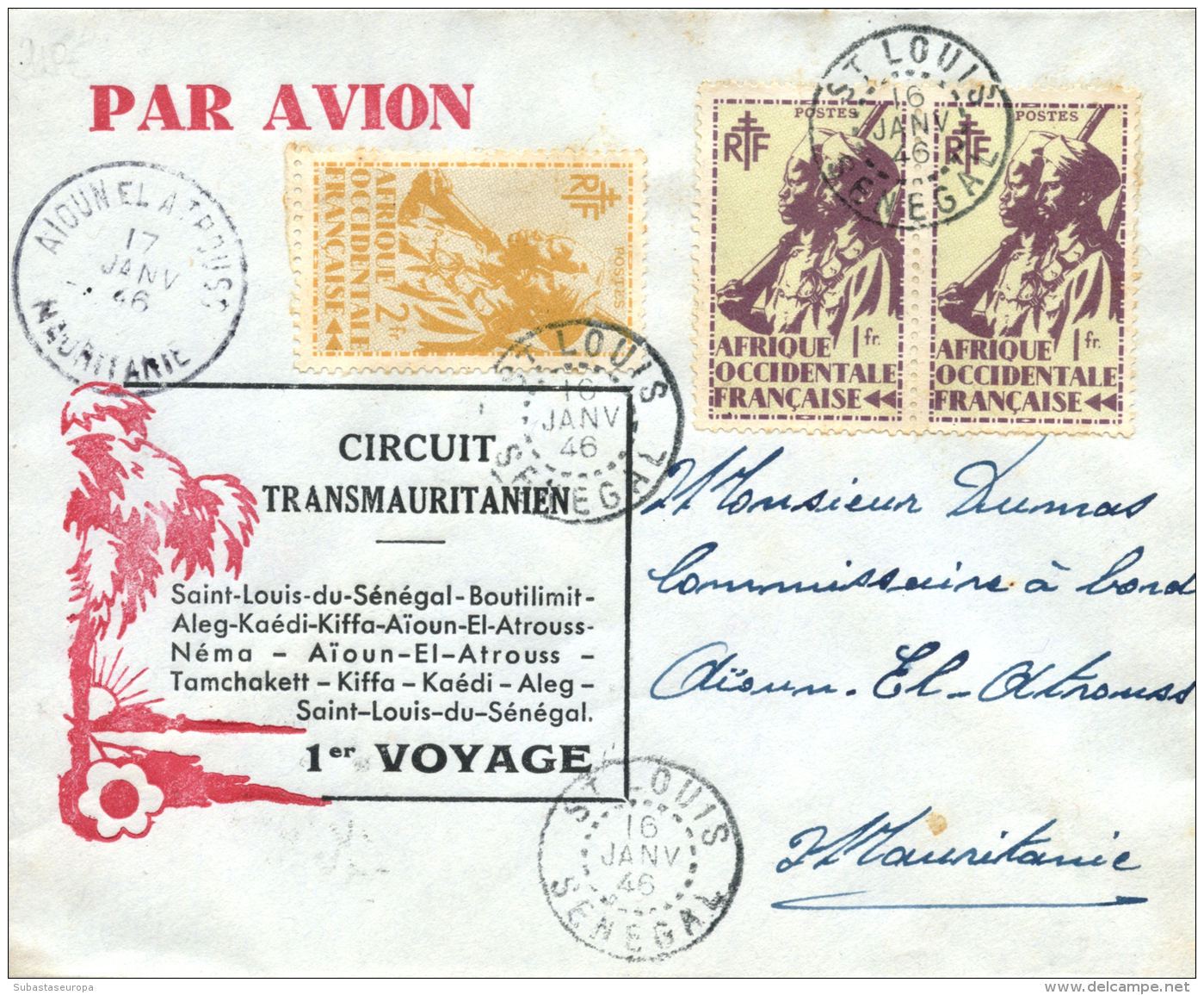 SENEGAL. Carta Circulada Primer Vuelo Circuito Transmauritanio, Desde St. Louis. A&ntilde;o 1946. Cat. Muller 60.... - Other & Unclassified