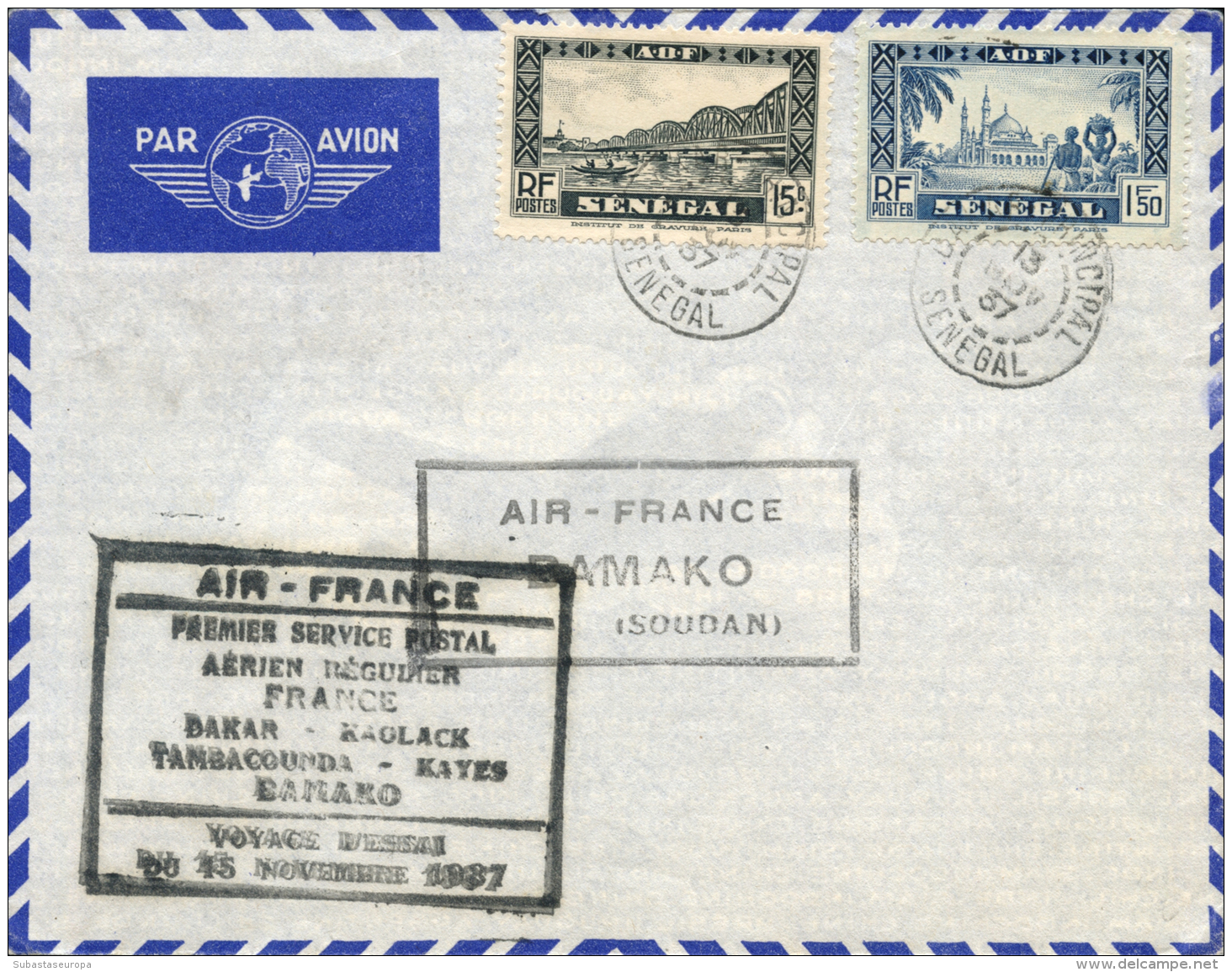 SENEGAL. Carta Circulada Primer Vuelo Dakar - Bamako En Sudán. A&ntilde;o 1937. Cat. Muller 49. Peso= 15... - Other & Unclassified