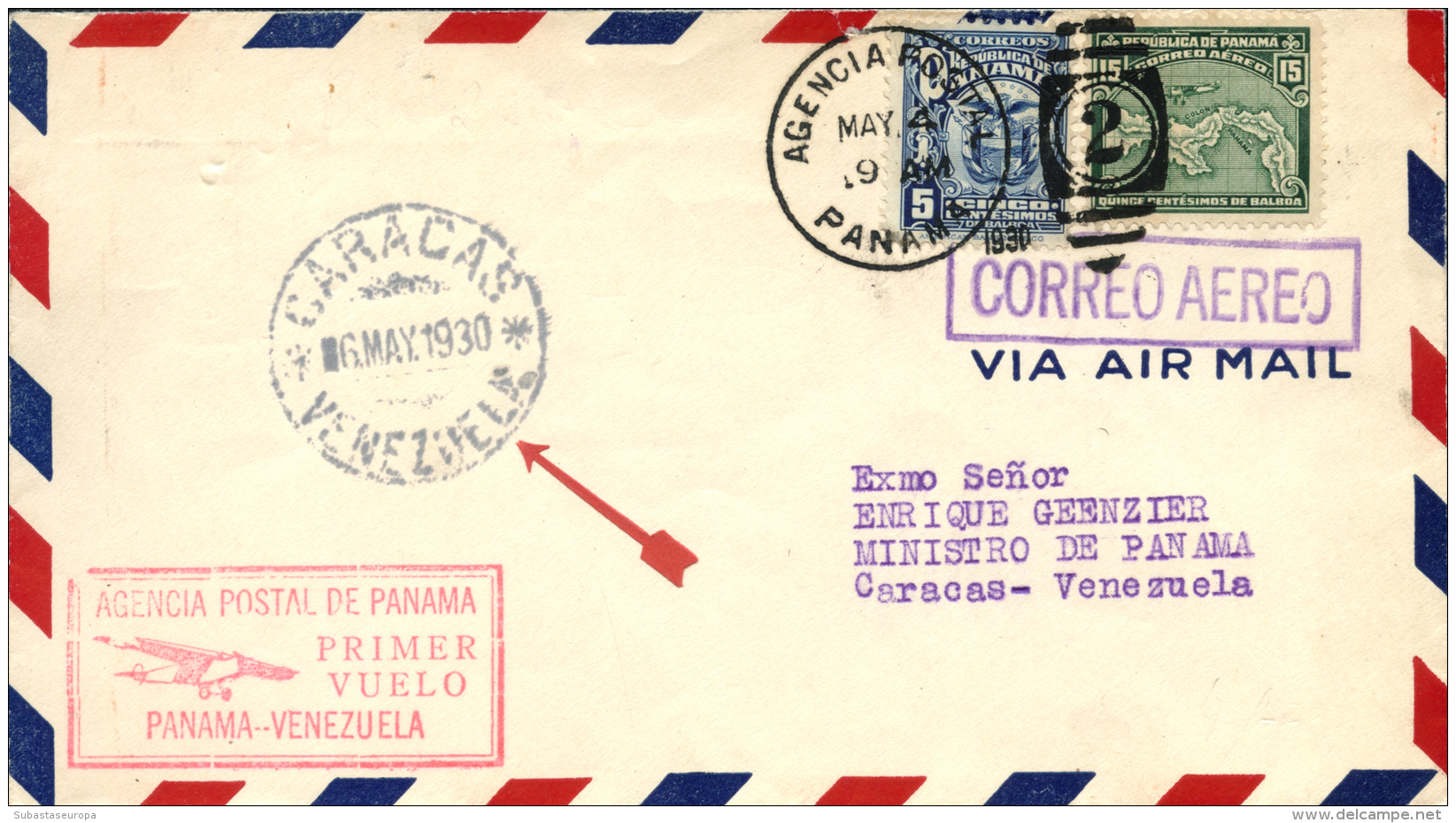 PANAMÁ. Carta Circulada Primer Vuelo Panamá-Venezuela. A&ntilde;o 1930. Peso= 15 Gramos. - Other & Unclassified