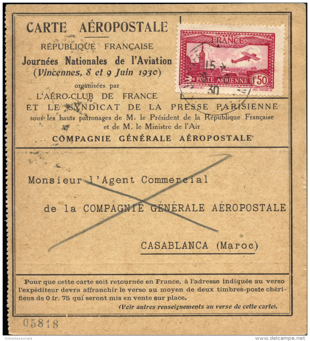 FRANCIA. Tarjeta Circulada Primer Vuelo París - Marruecos, A&ntilde;o 1930. Ida Y Vuelta. Al Dorso Sello... - Other & Unclassified