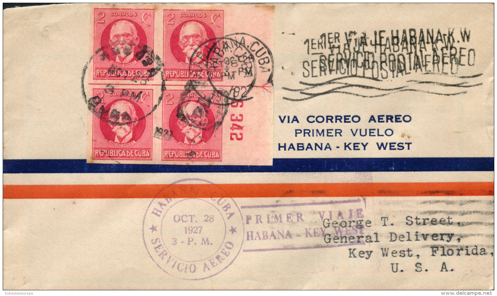 CUBA. Carta Circulada Primer Vuelo "Habana - Key West", En 1927. Franqueado Con Bloque De 4 Sin Dentar, Borde De... - Other & Unclassified