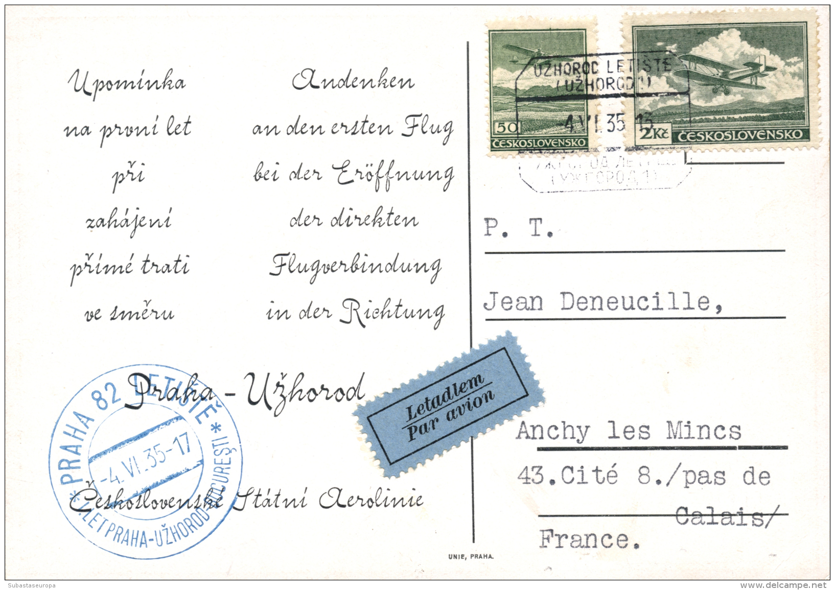 CHECOSLOVAQUIA. Tarjeta Postal Ilustrada Circulada Primer Vuelo Praga - Uzhorod. A&ntilde;o 1935. Cat. Muller 85.... - Other & Unclassified