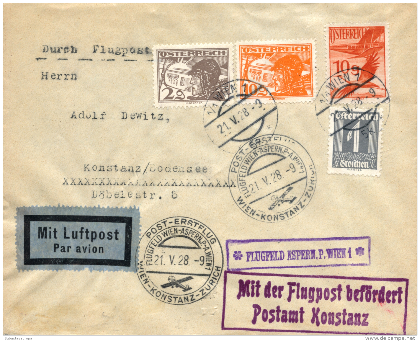 AUSTRIA. Carta Circulada Por Primer Vuelo Viena-Constance - Zurich. A&ntilde;o 1928. Cat. Muller 145. Peso= 15... - Other & Unclassified