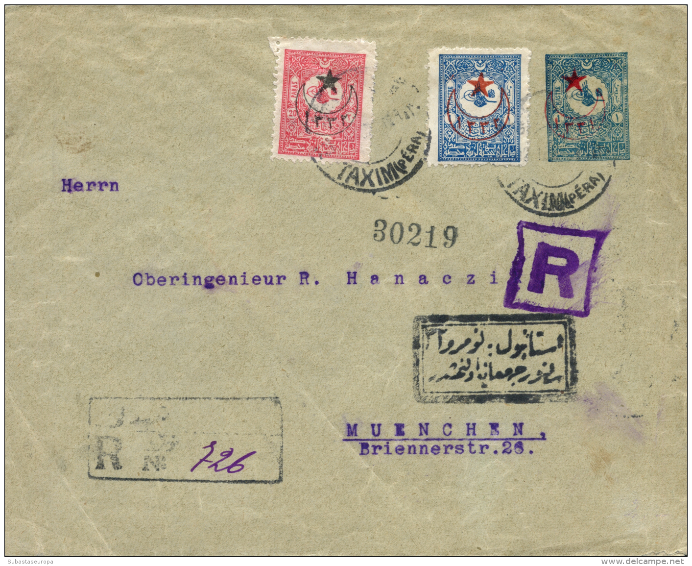 TURQUÍA. Sobre Entero Postal Con Franqueo Adiciona, Circulado Por Certificado En 1916 De Taxim-Pera A... - Other & Unclassified