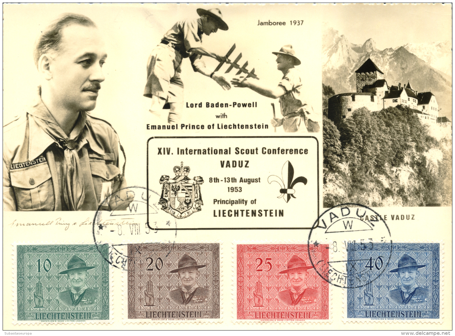 LIECHTENSTEIN. Tarjeta Especial Ilustrada Bous Scouts, Con La Serie Del A&ntilde;o 1953 277/80, Matasellada El... - Other & Unclassified