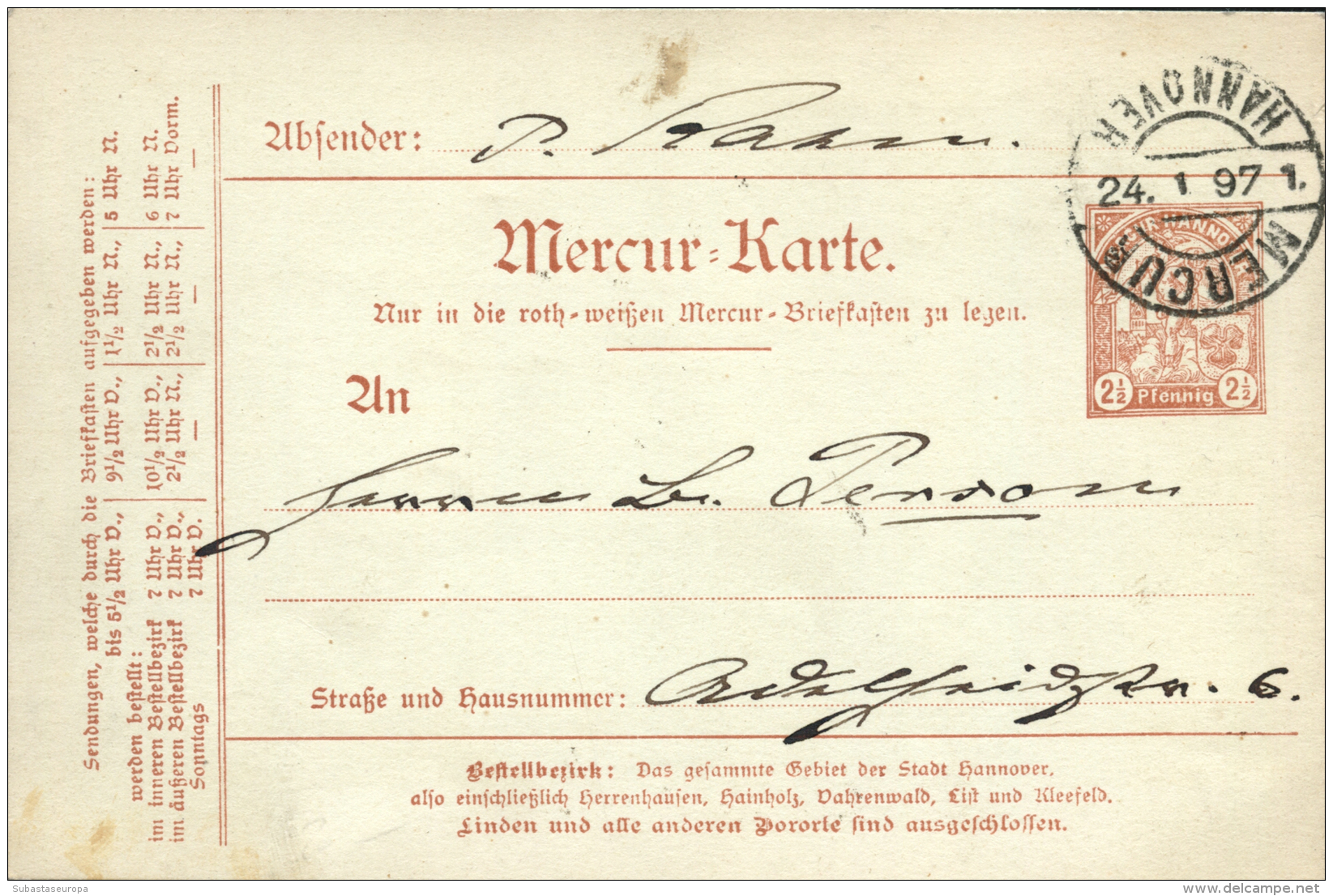 ALEMANIA IMPERIO. E.P. Correo Mensajerías Hanover, Circulado En 1897. Raro. Peso= 15 Gramos. - Other & Unclassified