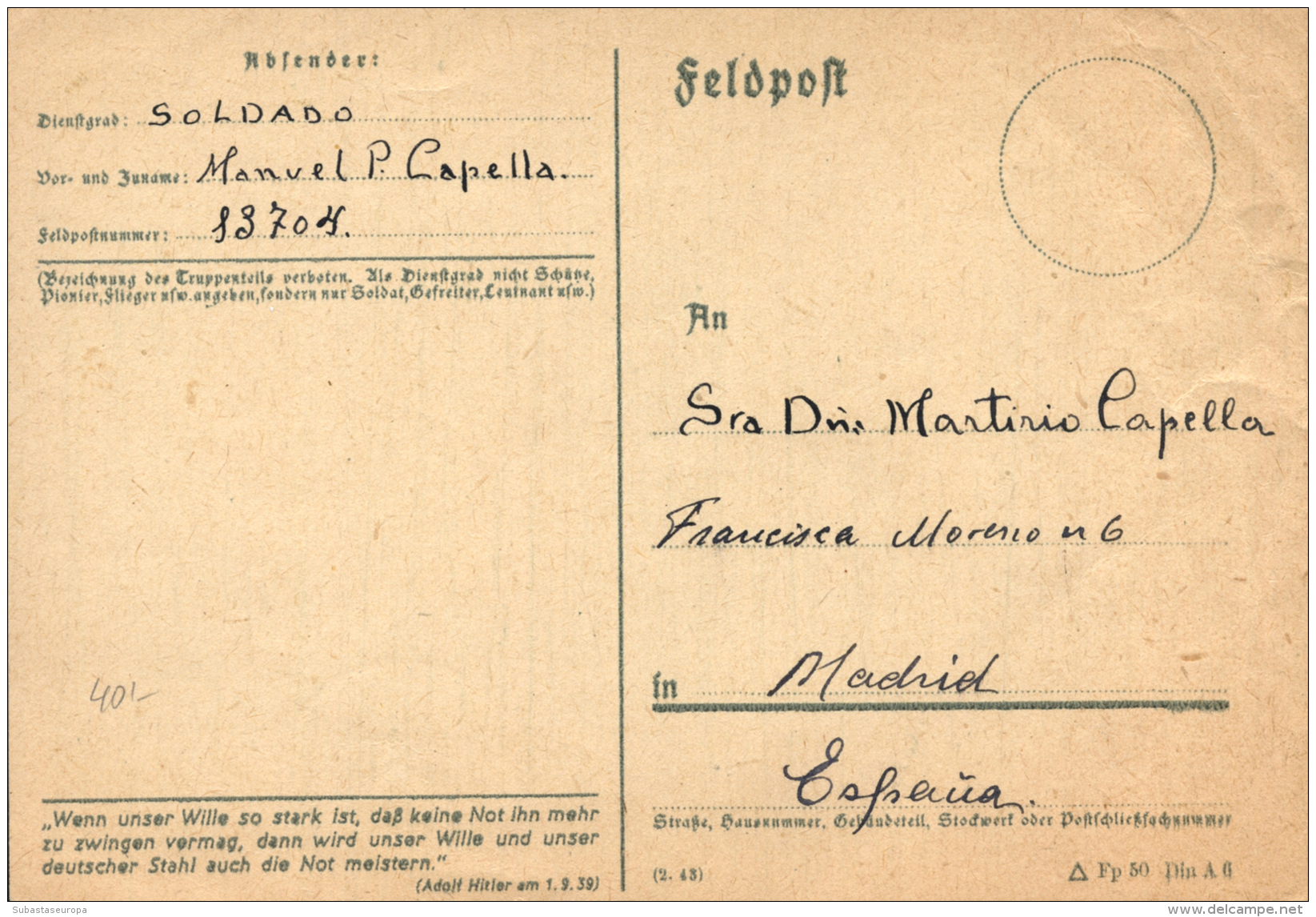 Tarjeta Circulada Por Feldpost (13704) A Madrid, El 12/8/43. Peso= 15 Gramos. - Covers & Documents