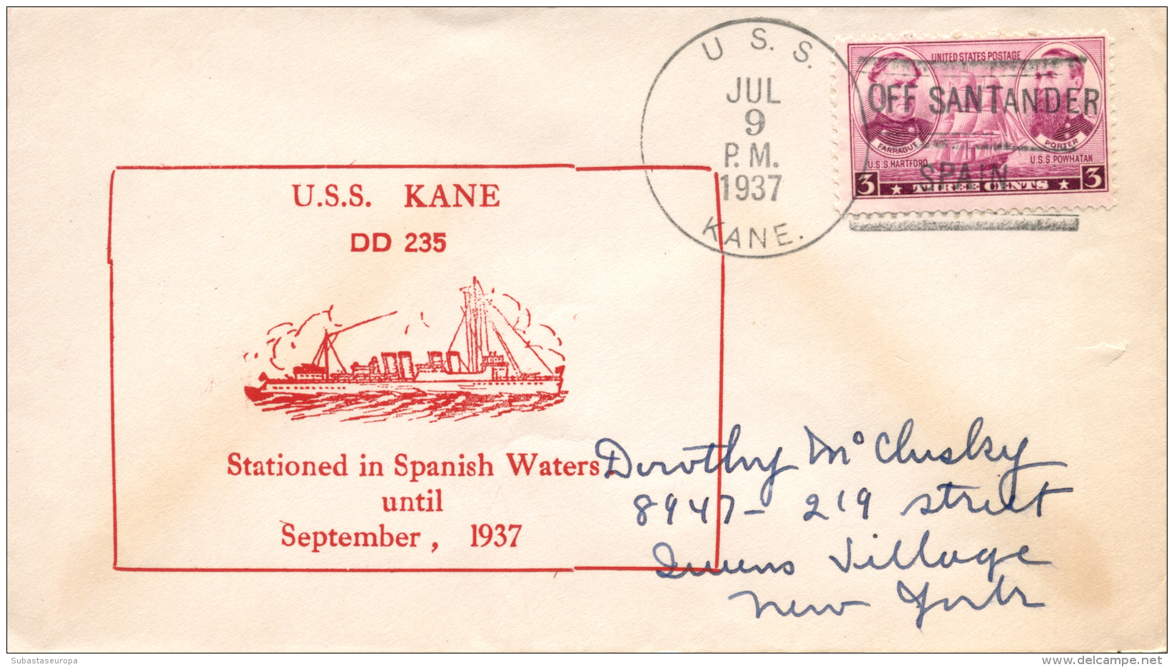 1937. Sobre Con Mat. "U.S.S. Kane - Off. Santander - Spain". Muy Raro. Peso= 15 Gramos. - Covers & Documents
