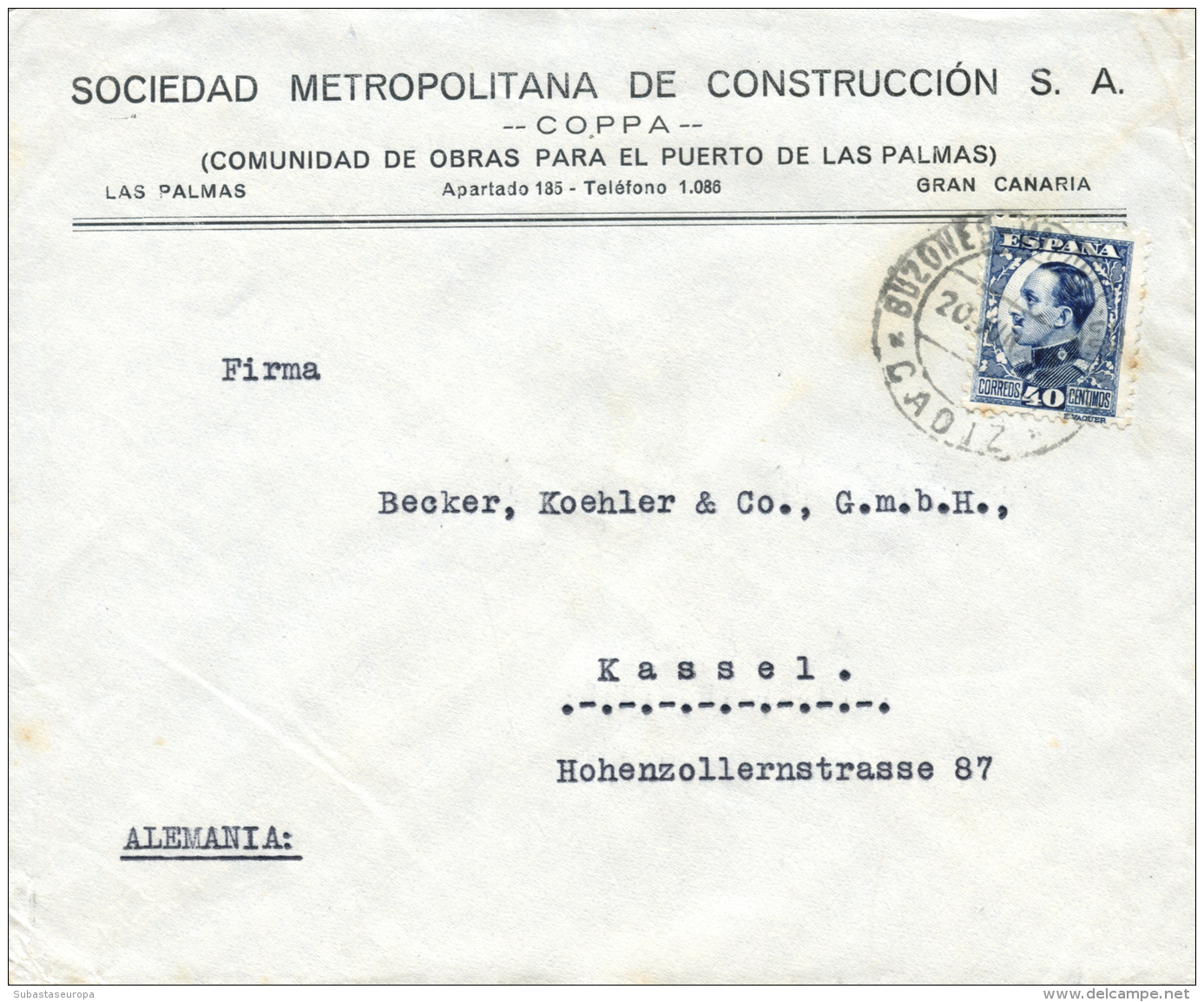 Ø 497A En Carta Circulada De Cádiz A Alemania El A&ntilde;o 1931. Mat. "BUZONES - VAPORES -... - Covers & Documents