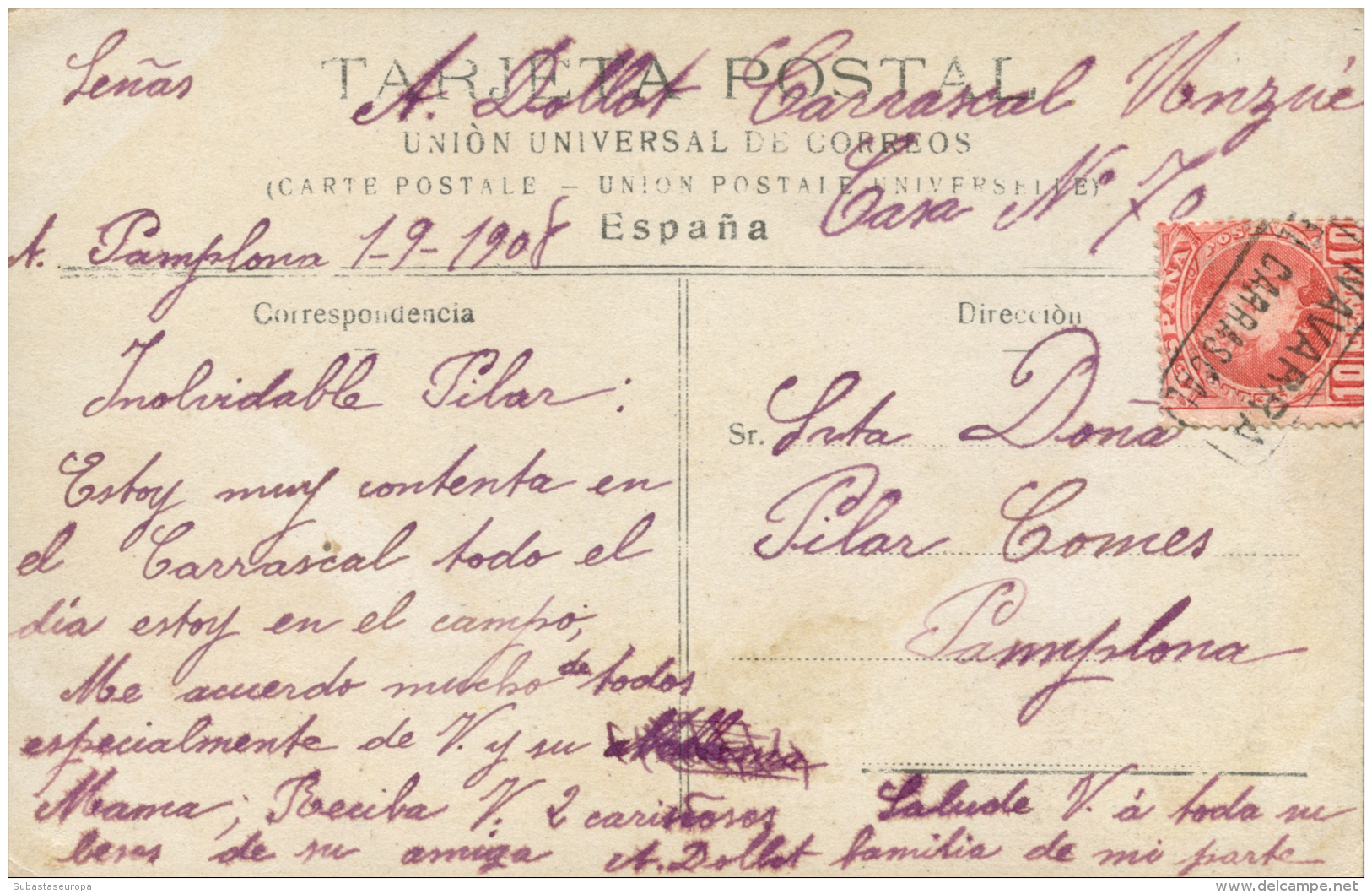 Ø 243 En T.P. A Pamplona. A&ntilde;o 1908. Marca De Cartería "NAVARRA - EL CARRASCAL". Rara. Peso= 15... - Covers & Documents