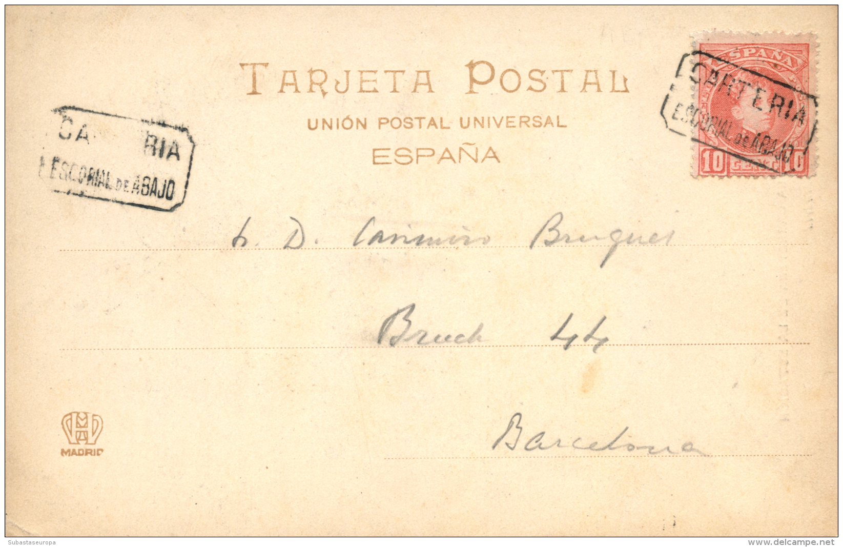 243 En T.P. A Barcelona, El A&ntilde;o 1906. Mat. Cartería ESCORIAL DE ABAJO. Tema Monasterios. Peso= 15... - Covers & Documents