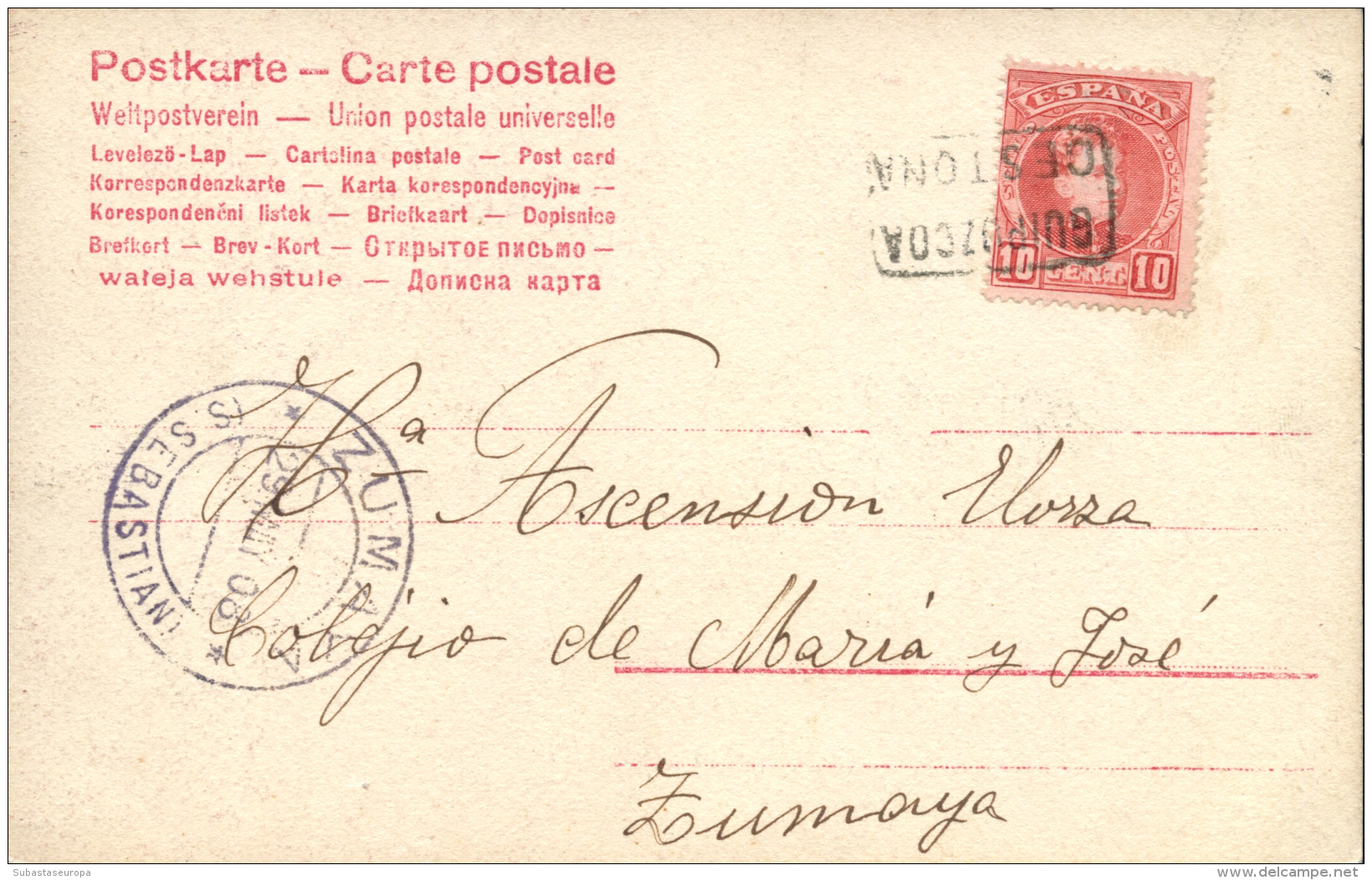 243 En T.P. A Zumaya, A&ntilde;o 1908. Cartería GUIPUZCOA-CESTONA. Tema Balnearios. Peso= 15 Gramos. - Covers & Documents